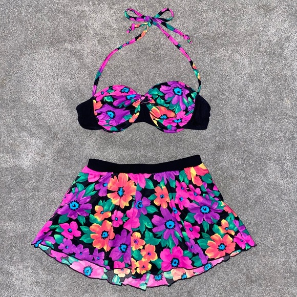 S VTG 90’s Carol Wior Neon Floral 2pc Bikini Underwire Halter Top Skirt Swimsuit - Picture 2 of 12
